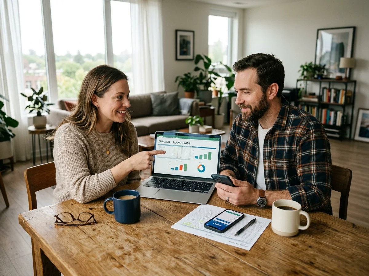 American couple sitting at a bright living room table calmly reviewing Simple Fast Loans options on a laptop